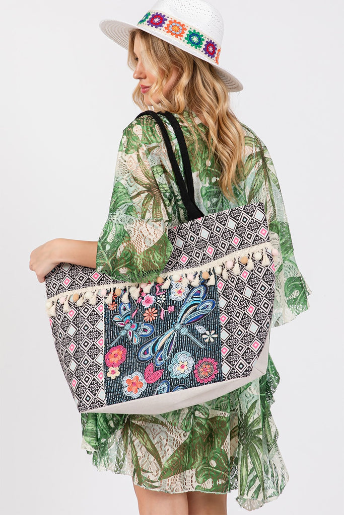 BOHO PRINT FRINGE TOTE BAG