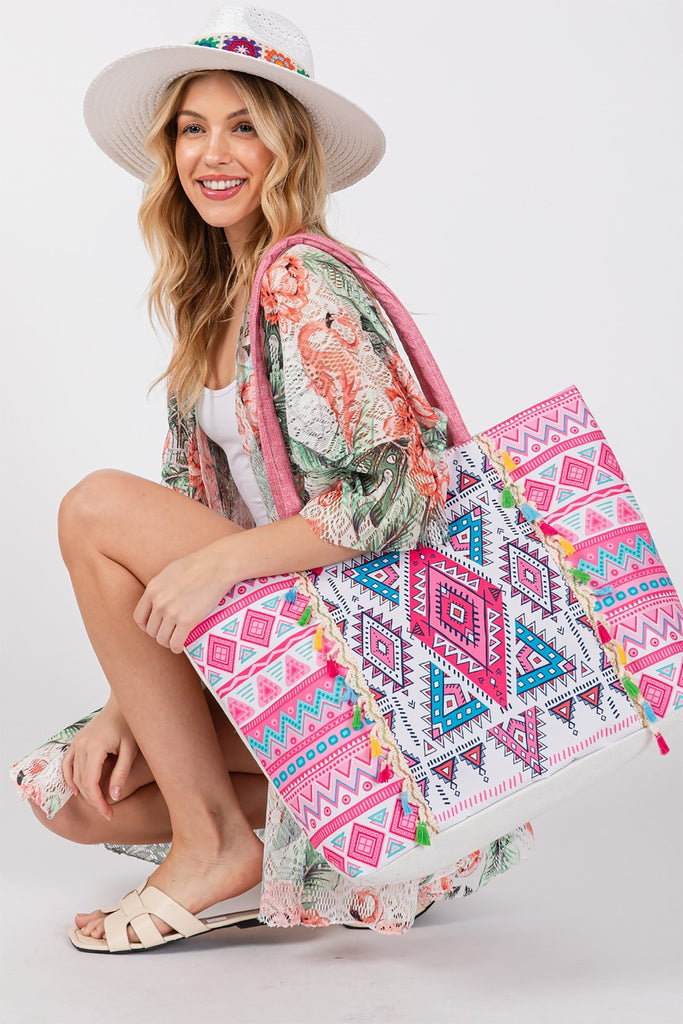 BOHO PRINT FRINGE TOTE BAG