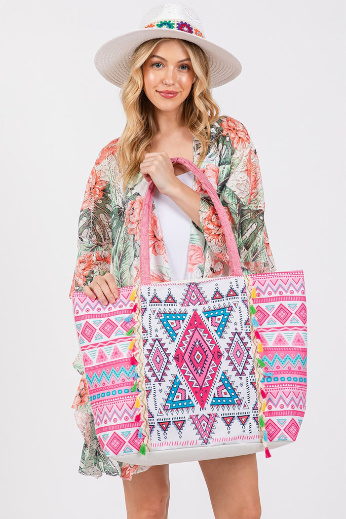 BOHO PRINT FRINGE TOTE BAG