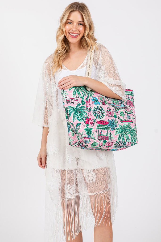 HAND DRAWN PRINT TOTE BEACH BAG