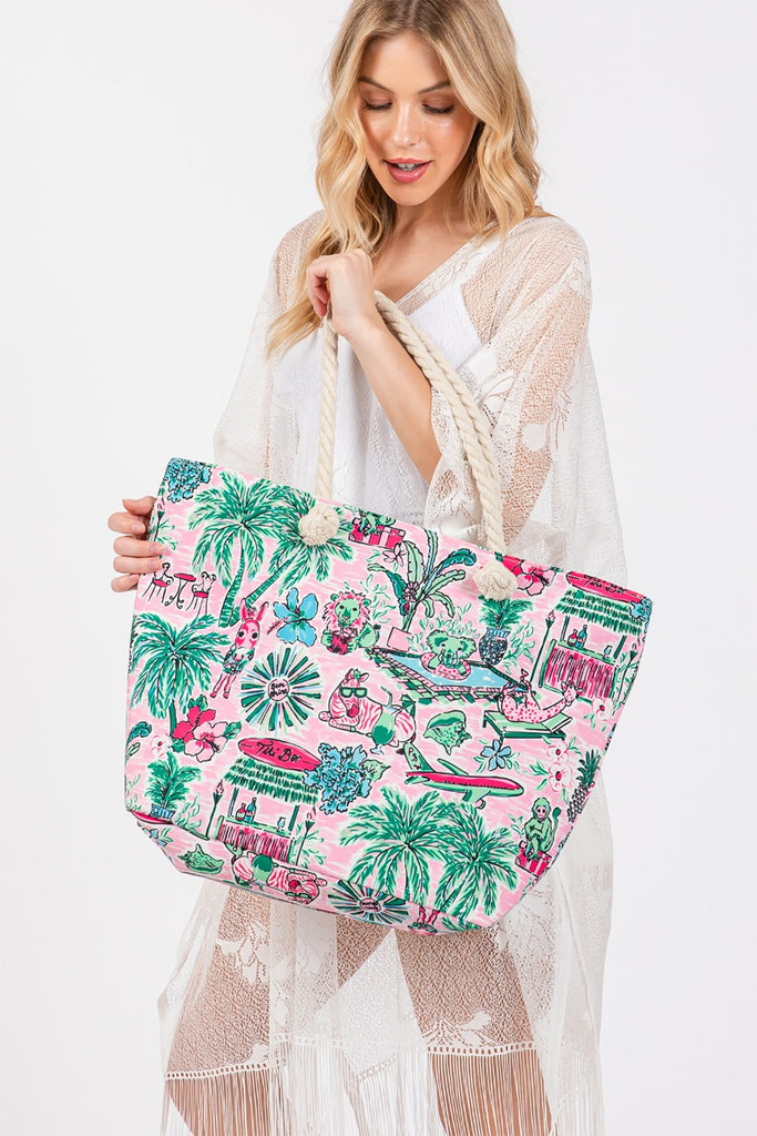 HAND DRAWN PRINT TOTE BEACH BAG