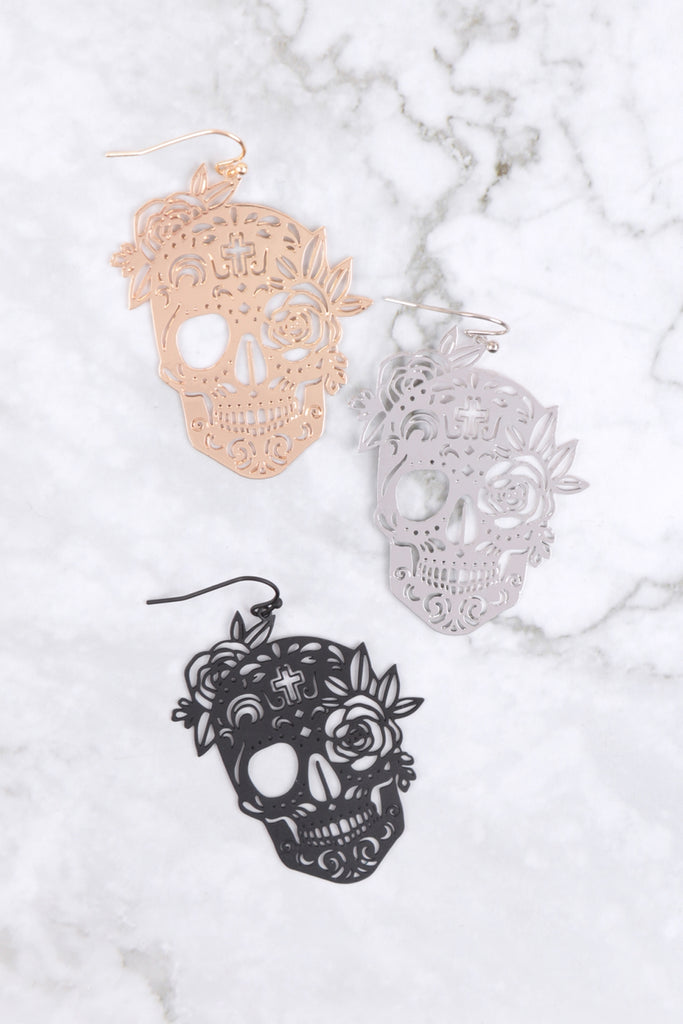 (HALLOWEEN) SKULL CUTOUT FILIGREE DROP HOOK EARRINGS