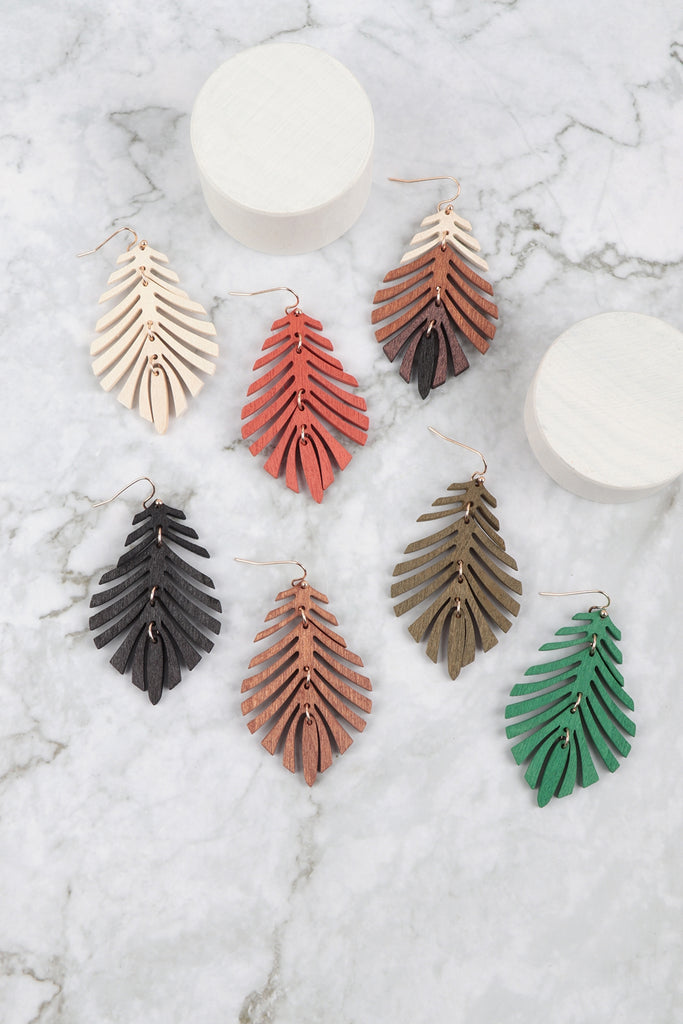 WOOD WIDE LEAF DROP EARRINGS