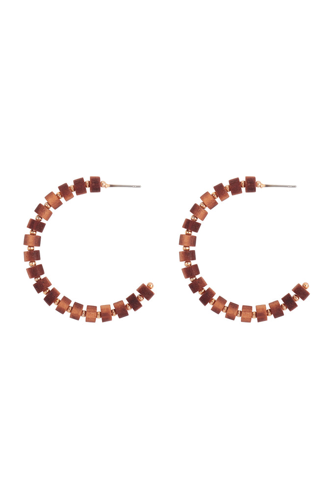 WOOD BEADED C SHAPE HOOP EARRINGS