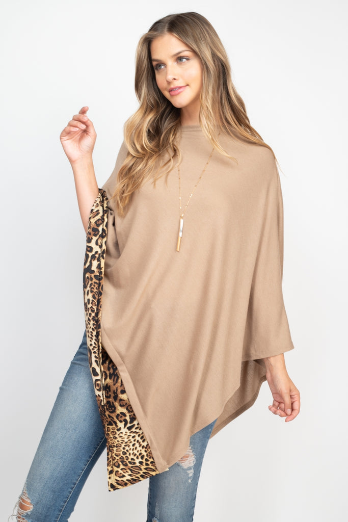 MS0089 - ALL YEAR ROUND LEOPARD TRIM SOLID PONCHO