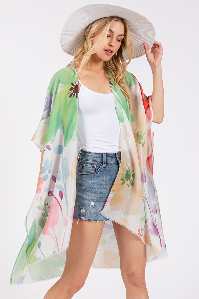 WATERCOLOR FLOWER PRINT KIMONO