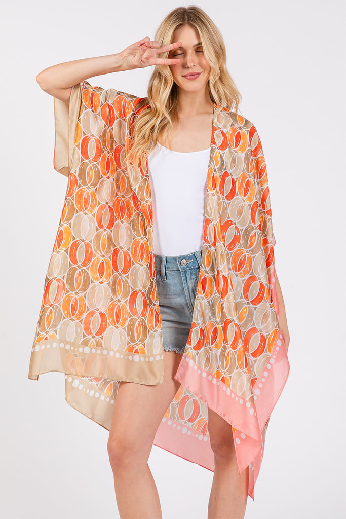 TWO TONES TRIM ABSTRACT PRINT SILKY FEEL KIMONO