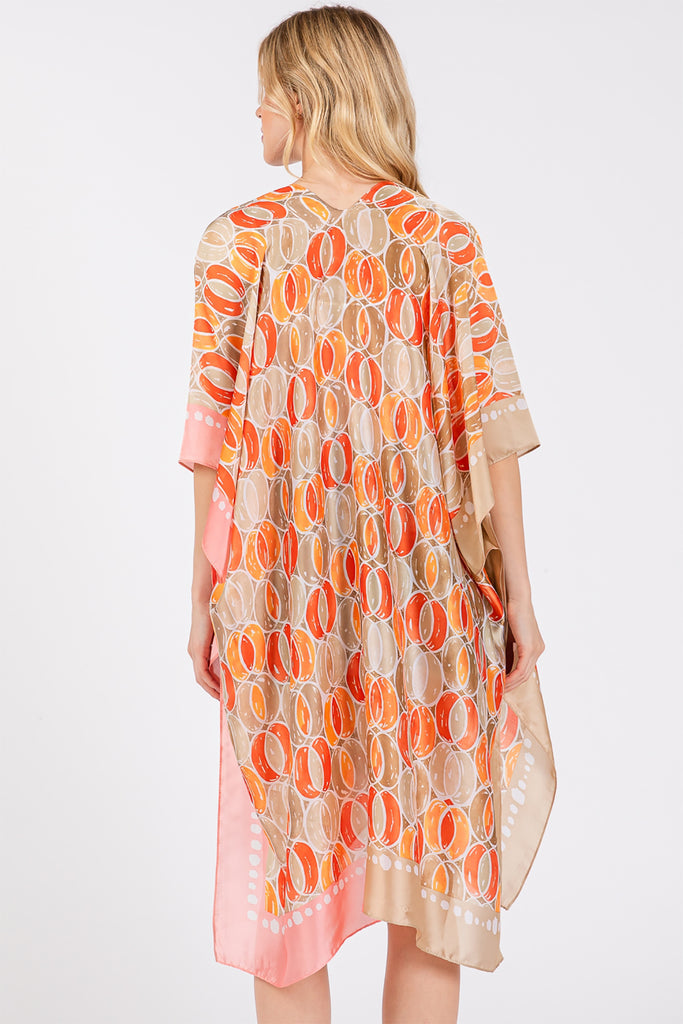 TWO TONES TRIM ABSTRACT PRINT SILKY FEEL KIMONO