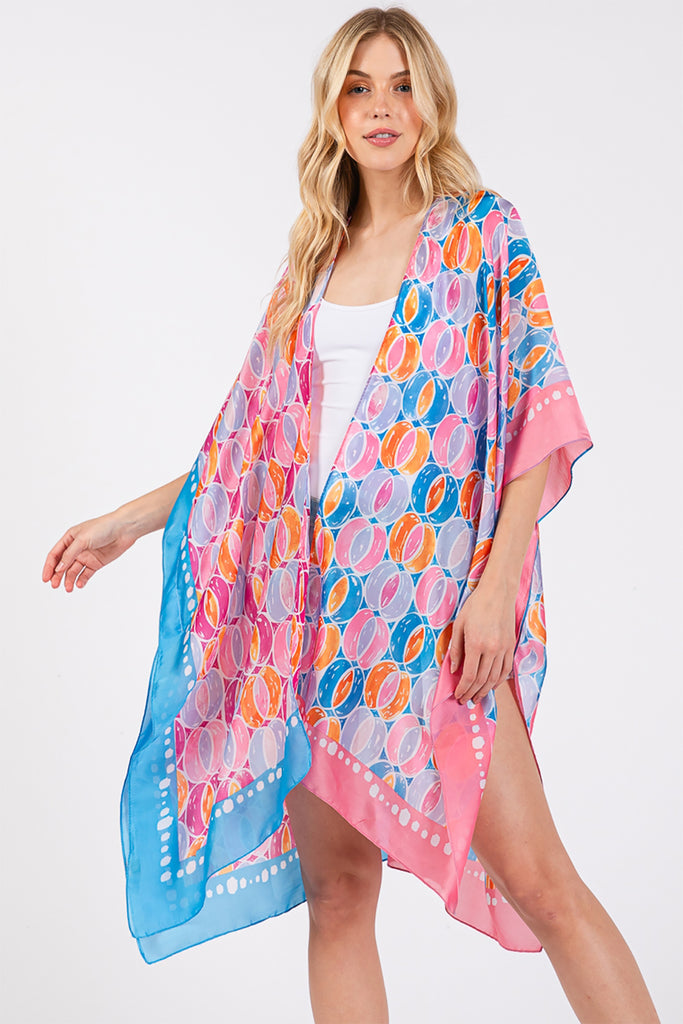 TWO TONES TRIM ABSTRACT PRINT SILKY FEEL KIMONO