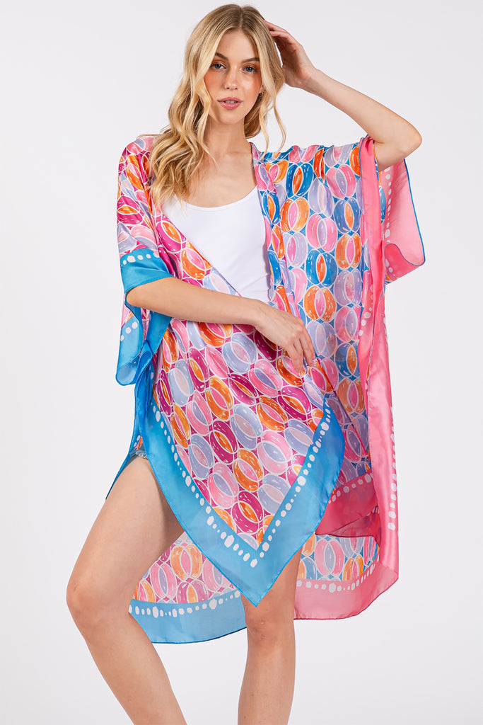 TWO TONES TRIM ABSTRACT PRINT SILKY FEEL KIMONO