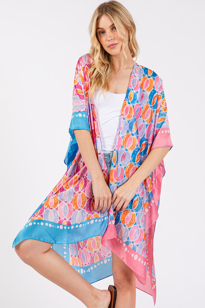 TWO TONES TRIM ABSTRACT PRINT SILKY FEEL KIMONO