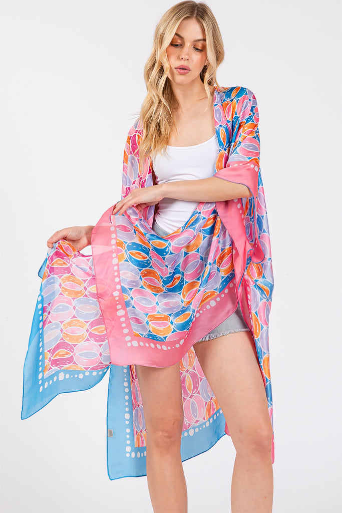 TWO TONES TRIM ABSTRACT PRINT SILKY FEEL KIMONO