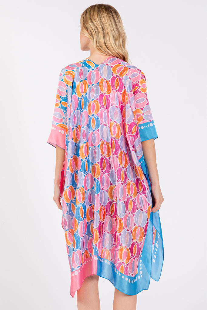 TWO TONES TRIM ABSTRACT PRINT SILKY FEEL KIMONO