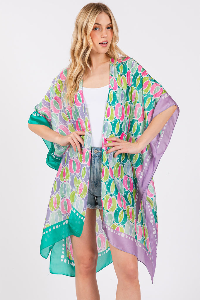 TWO TONES TRIM ABSTRACT PRINT SILKY FEEL KIMONO