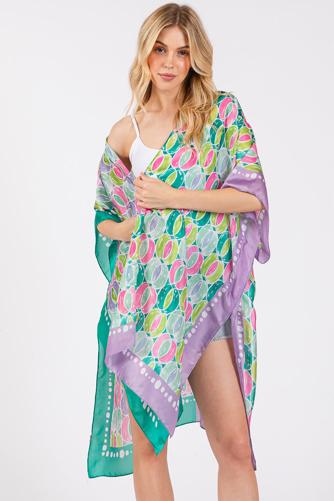 TWO TONES TRIM ABSTRACT PRINT SILKY FEEL KIMONO