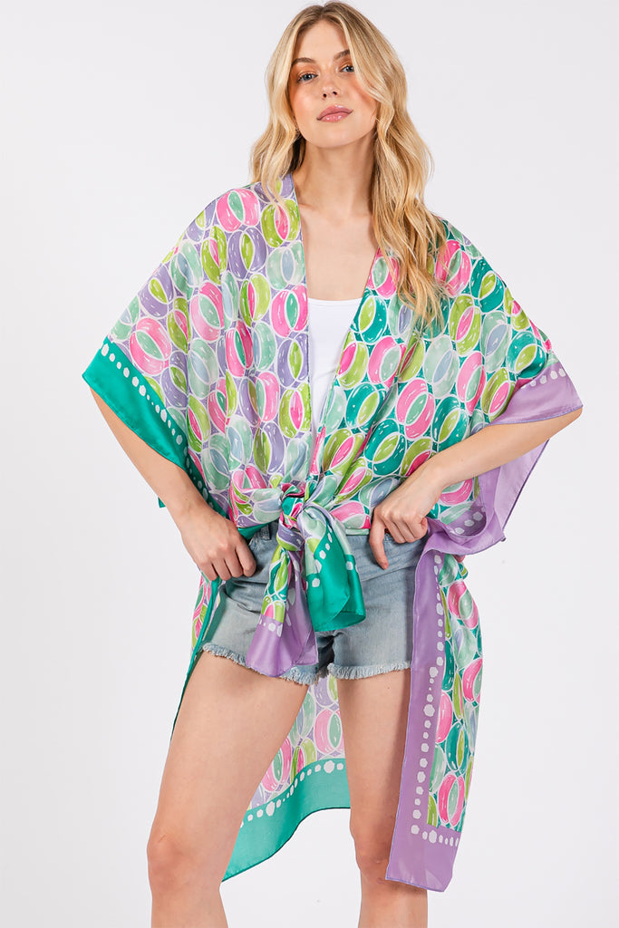 TWO TONES TRIM ABSTRACT PRINT SILKY FEEL KIMONO