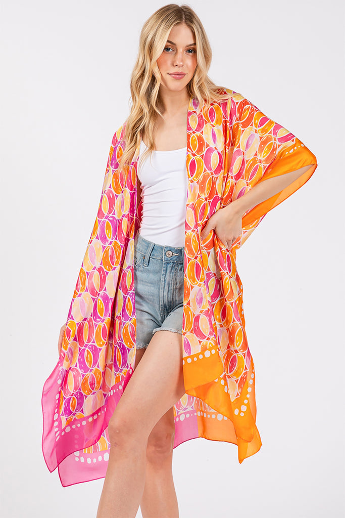 TWO TONES TRIM ABSTRACT PRINT SILKY FEEL KIMONO