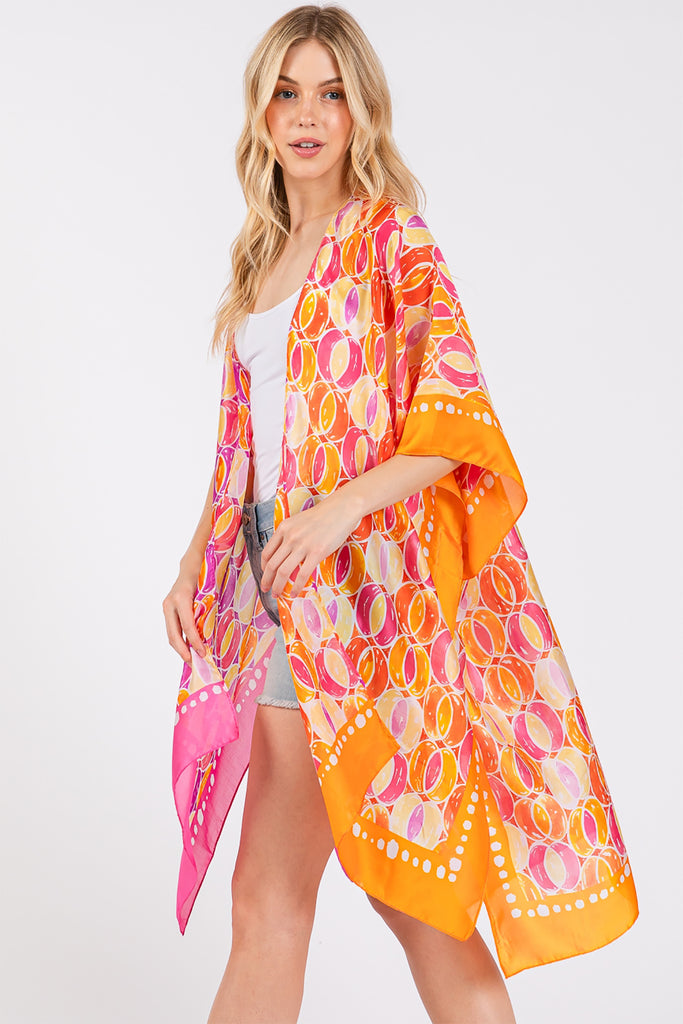 TWO TONES TRIM ABSTRACT PRINT SILKY FEEL KIMONO