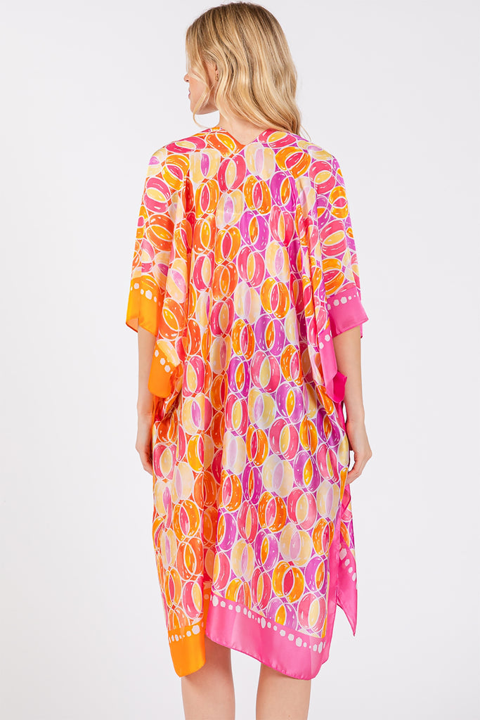 TWO TONES TRIM ABSTRACT PRINT SILKY FEEL KIMONO