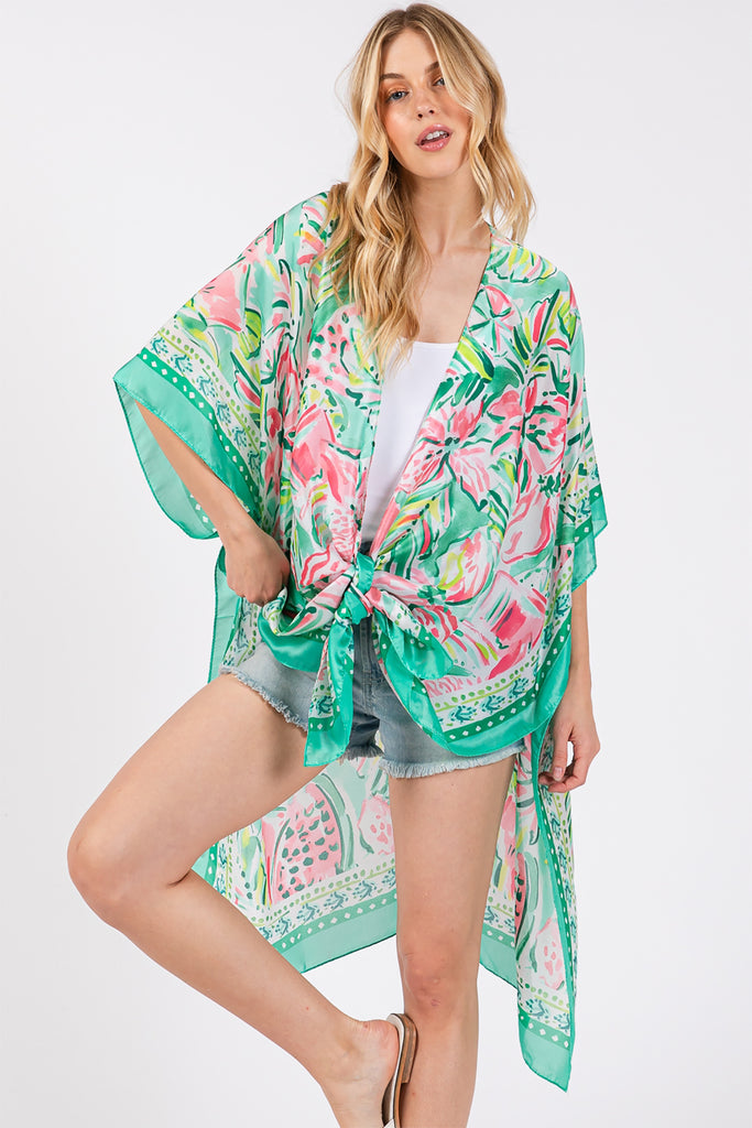 FLOWER PRINT SILKY FEEL KIMONO