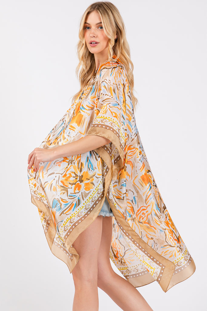 FLOWER PRINT SILKY FEEL KIMONO