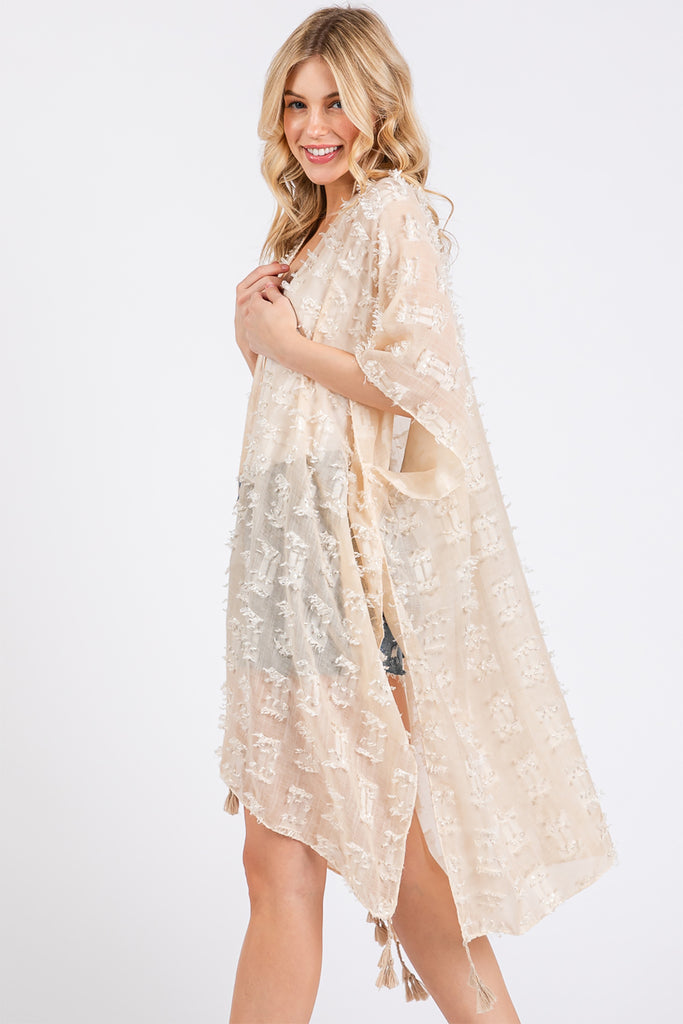 DISTRESSED PATTERN TASSEL KIMONO