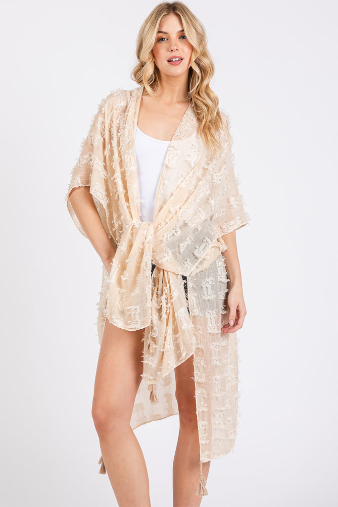 DISTRESSED PATTERN TASSEL KIMONO