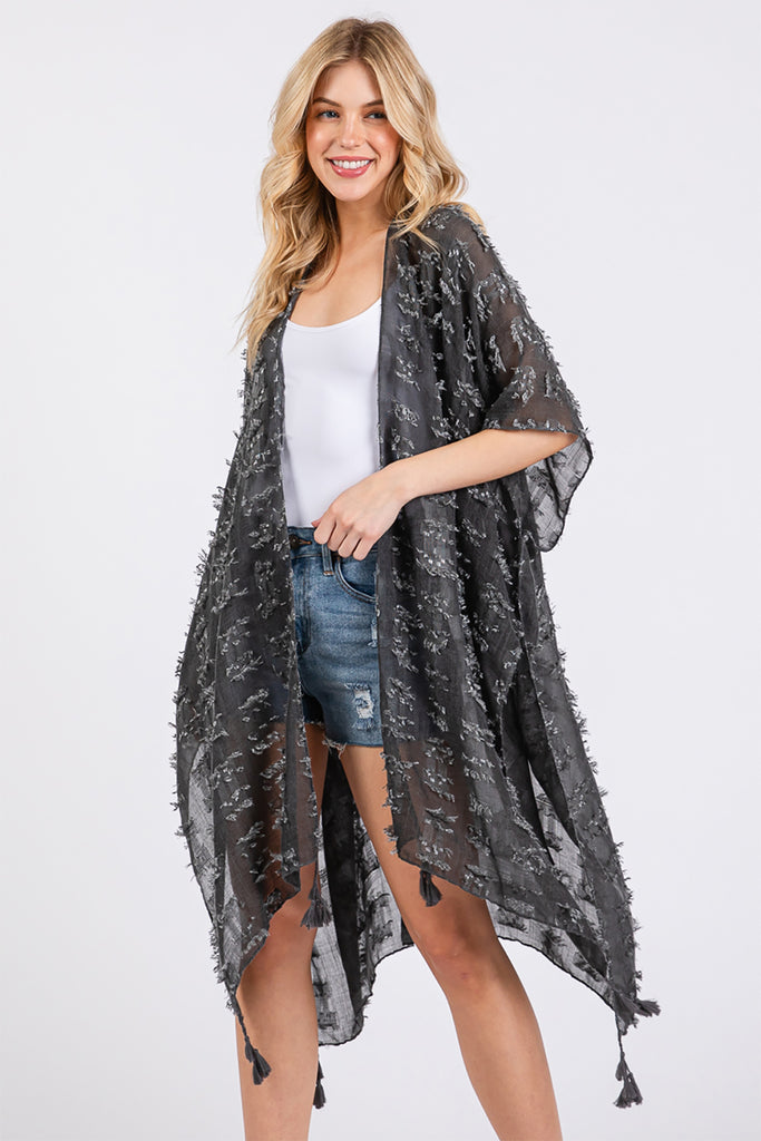 DISTRESSED PATTERN TASSEL KIMONO