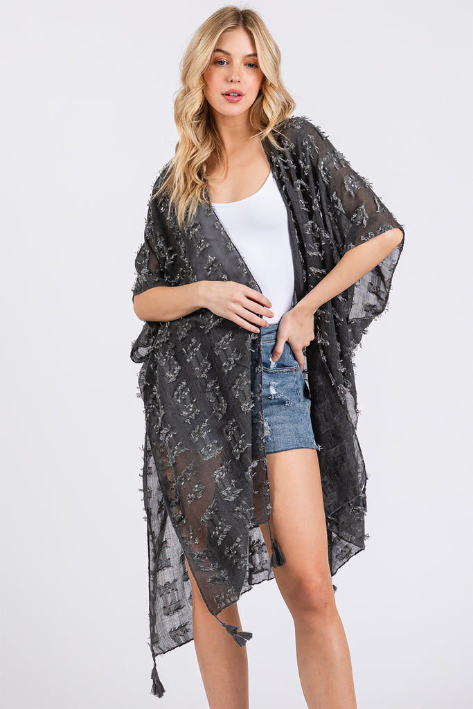 DISTRESSED PATTERN TASSEL KIMONO