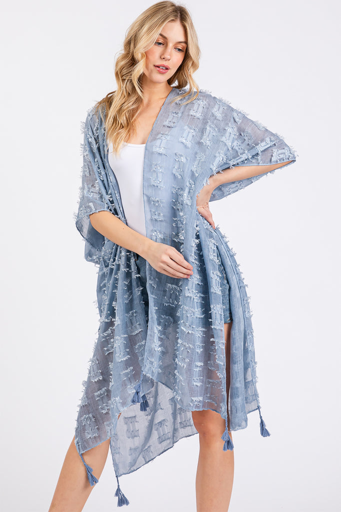 DISTRESSED PATTERN TASSEL KIMONO