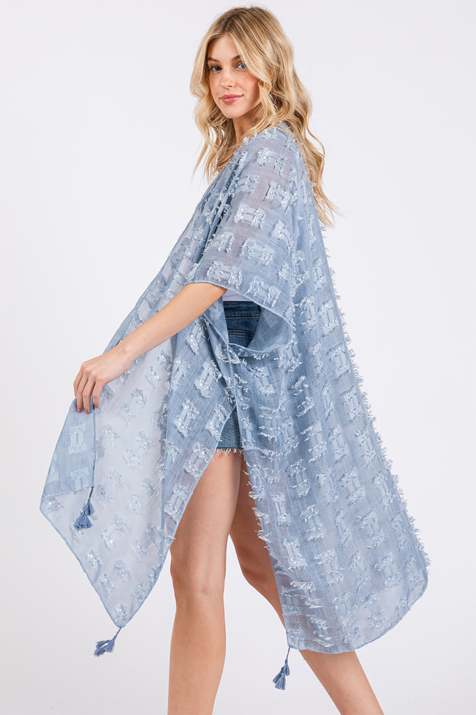 DISTRESSED PATTERN TASSEL KIMONO