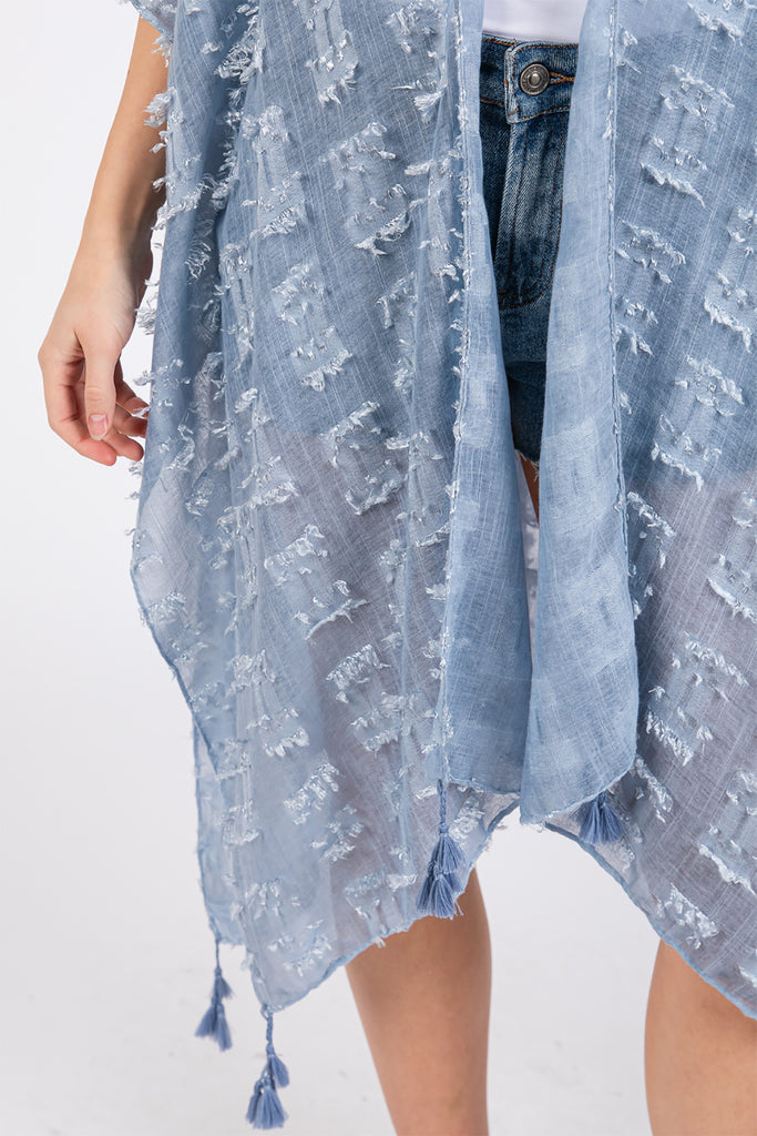 DISTRESSED PATTERN TASSEL KIMONO