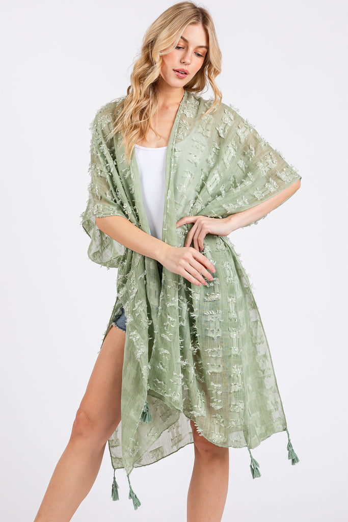 DISTRESSED PATTERN TASSEL KIMONO