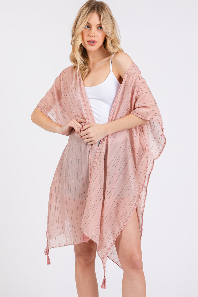 COLORED STITCH TRIM AND TASSEL KIMONO