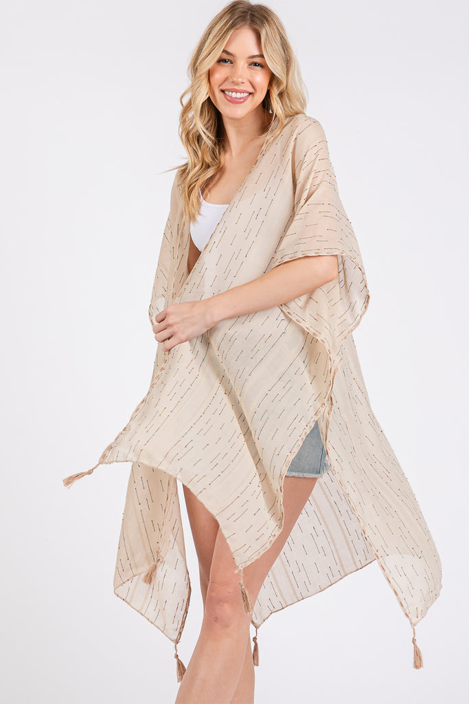 COLORED STITCH TRIM AND TASSEL KIMONO