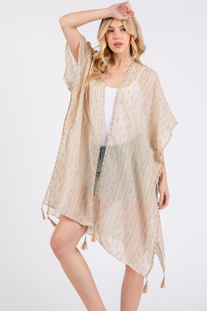 COLORED STITCH TRIM AND TASSEL KIMONO