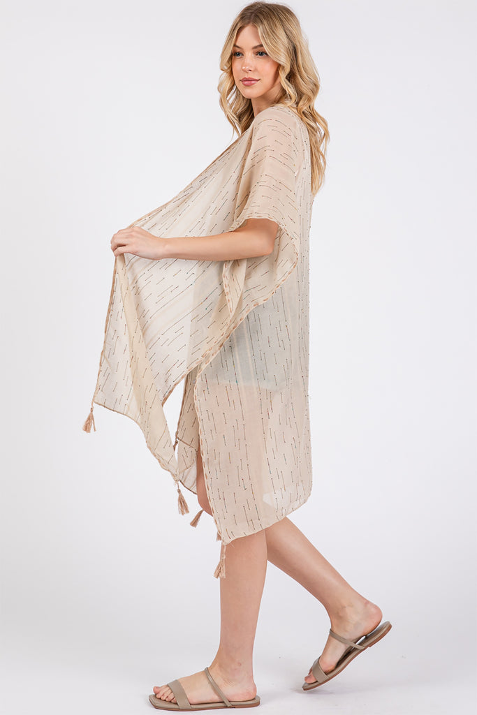 COLORED STITCH TRIM AND TASSEL KIMONO