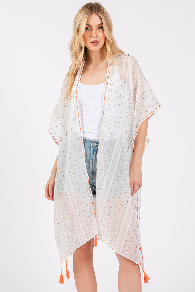 COLORED STITCH TRIM AND TASSEL KIMONO