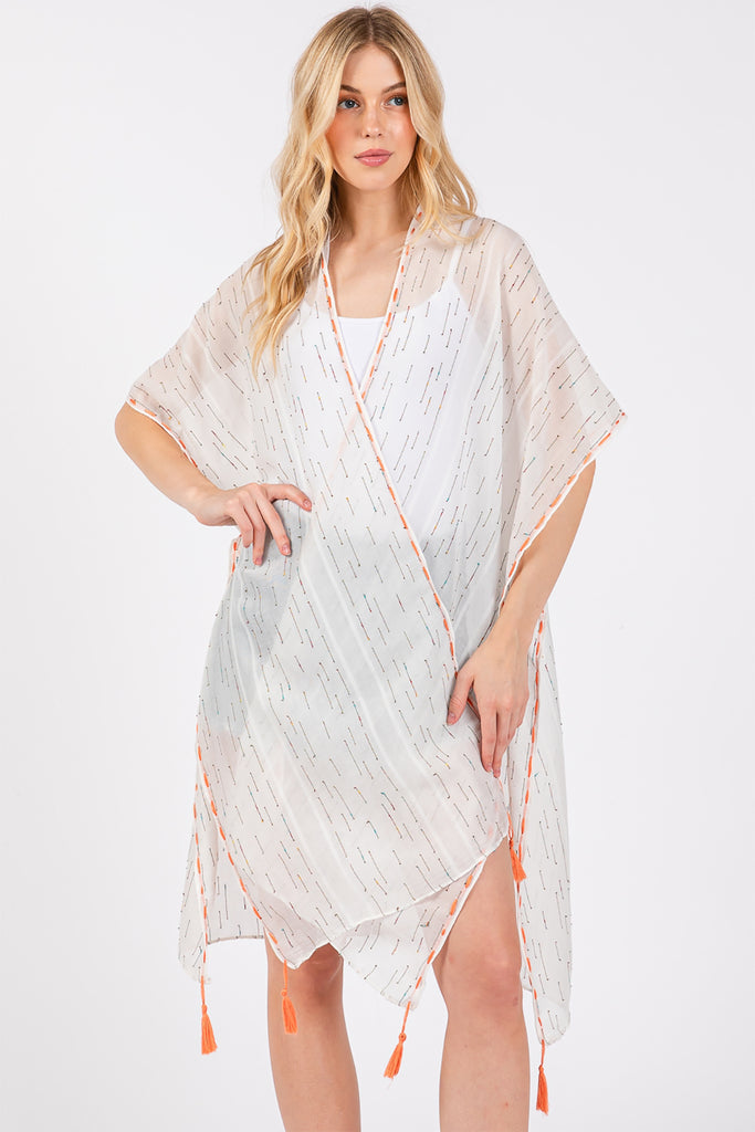 COLORED STITCH TRIM AND TASSEL KIMONO