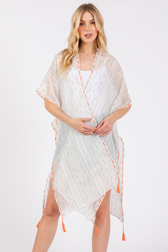 COLORED STITCH TRIM AND TASSEL KIMONO