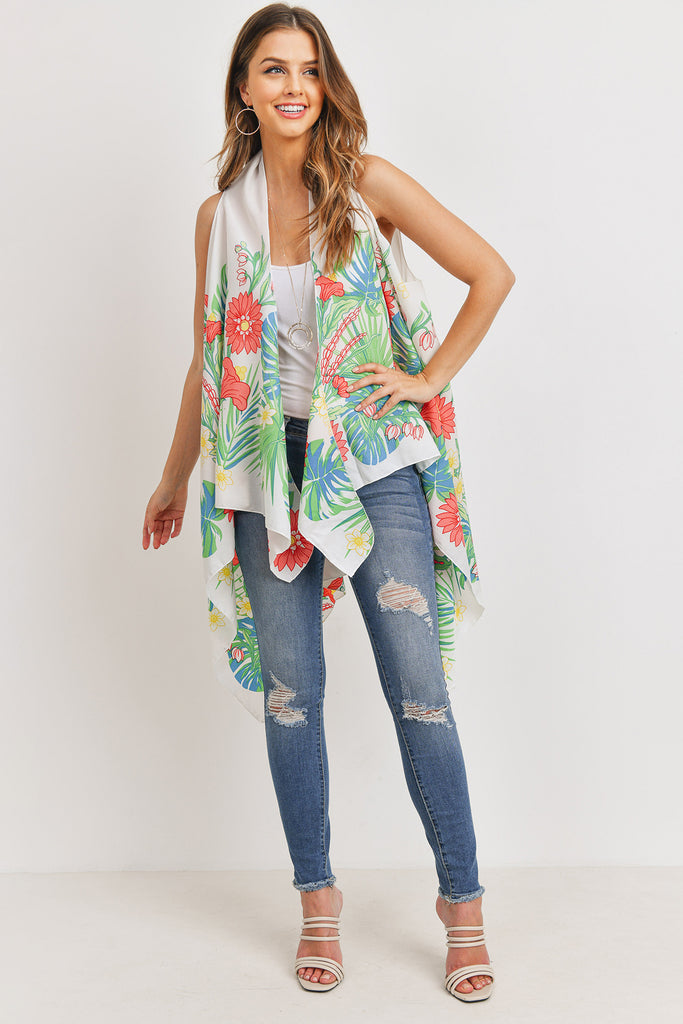 PN328X021G - BLACK OPEN FRONT FLORAL PRINT KIMONO VEST