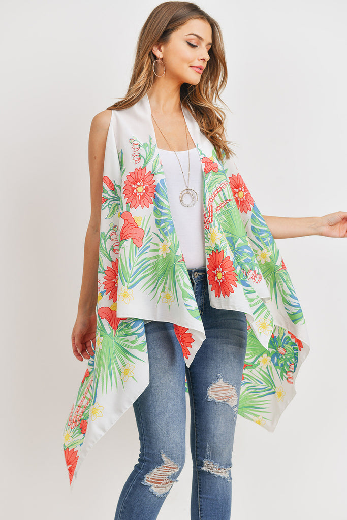 PN328X021G - BLACK OPEN FRONT FLORAL PRINT KIMONO VEST