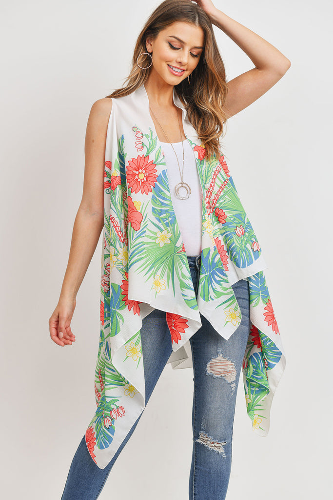 PN328X021G - BLACK OPEN FRONT FLORAL PRINT KIMONO VEST