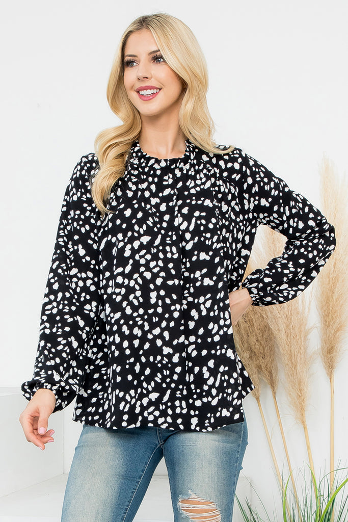 Puff Sleeve Merrow Neckline Animal Print Woven Top