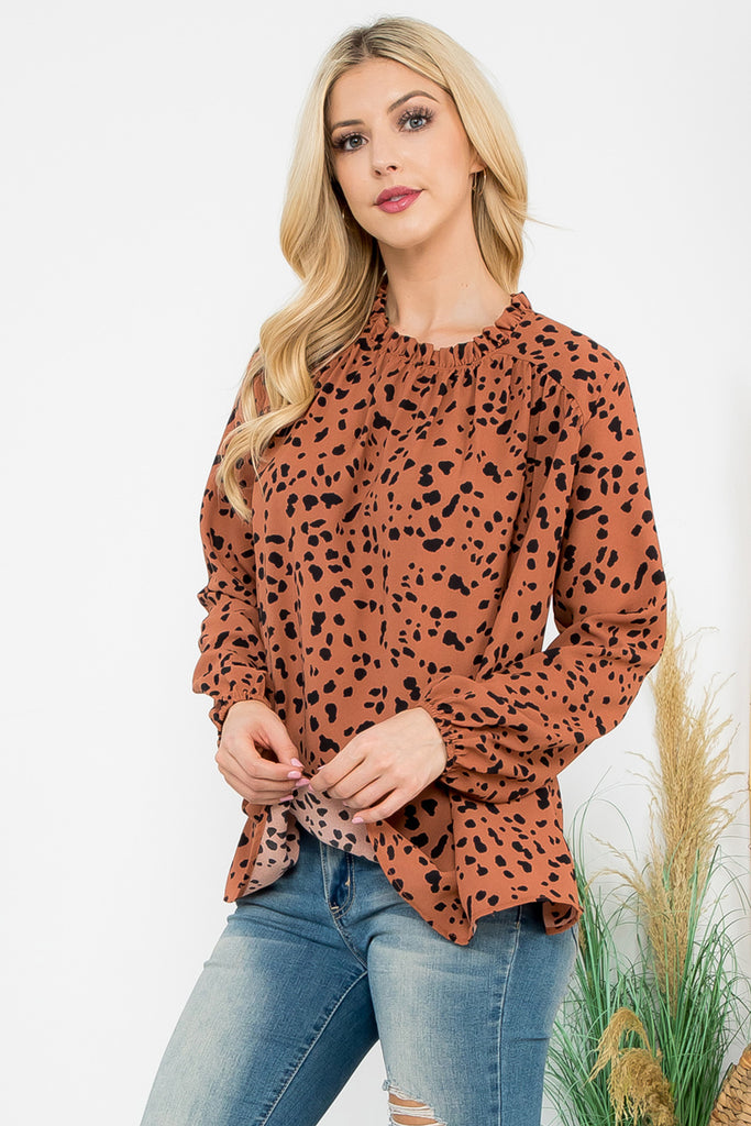 Puff Sleeve Merrow Neckline Animal Print Woven Top