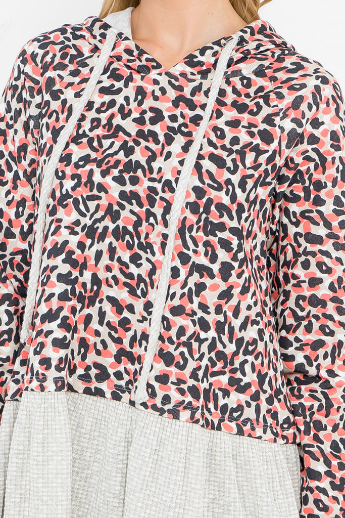 Solid Hem Leopard Hoodie Top