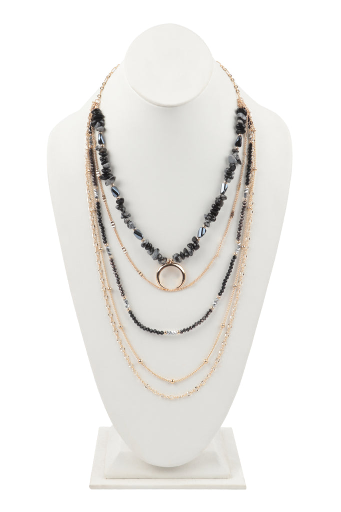 LAYERED CHAIN, NATURAL STONE CHIP MIX BEADS CRESCENT PENDANT NECKLACE