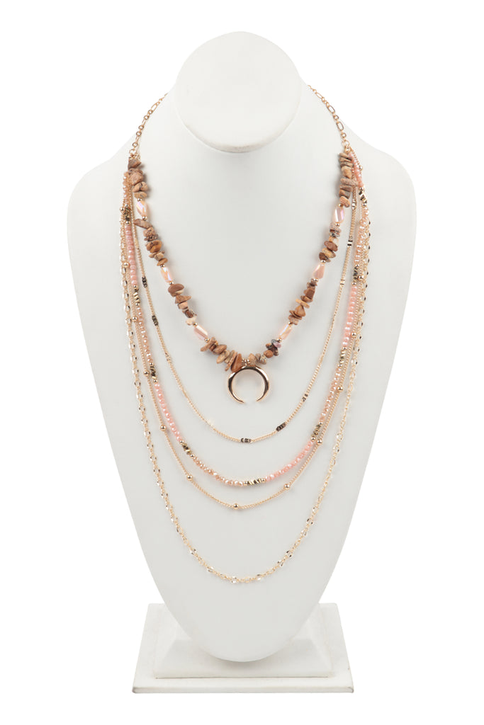 LAYERED CHAIN, NATURAL STONE CHIP MIX BEADS CRESCENT PENDANT NECKLACE