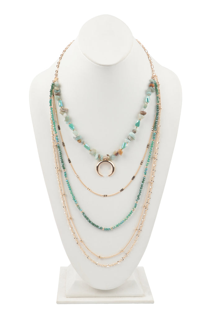 LAYERED CHAIN, NATURAL STONE CHIP MIX BEADS CRESCENT PENDANT NECKLACE