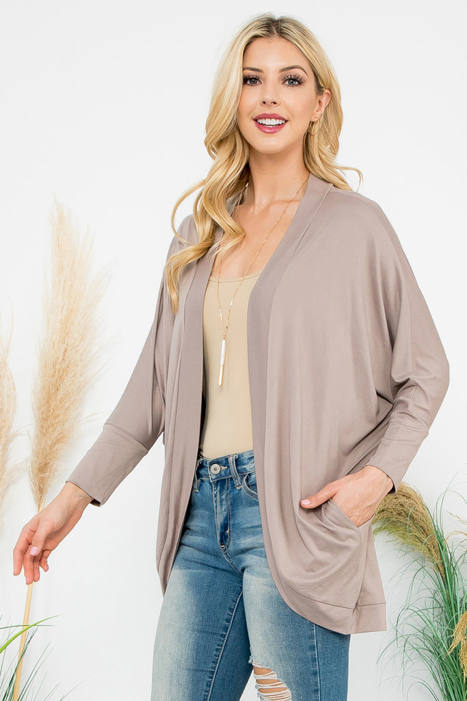 Solid Dolman Sleeve Open Cardigan with Side Pocket